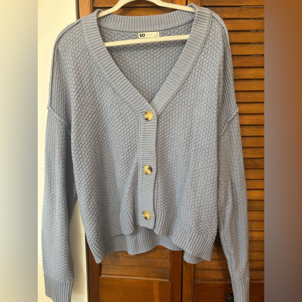 SO Light Blue V-Neck Button-Front Women's Cardigan